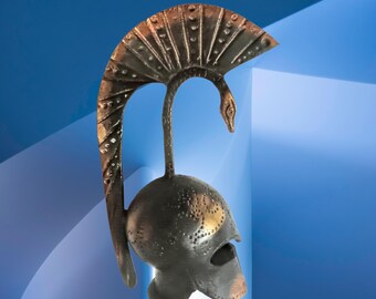 Cast Bronze or Brass Bell Gladiator Helmet with a Swan Serpent Crest, Desk Accessory, Tabletop Decor, mythology sculpture fantasy figurine