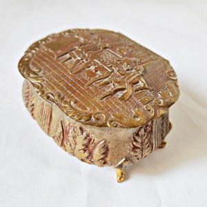 Vintage Jewelry Casket Dresser Trinket Box Metal Footed Hinged Lid Red Lining repousse parlor scene Games Room Chess Victorian dresser decor image 4