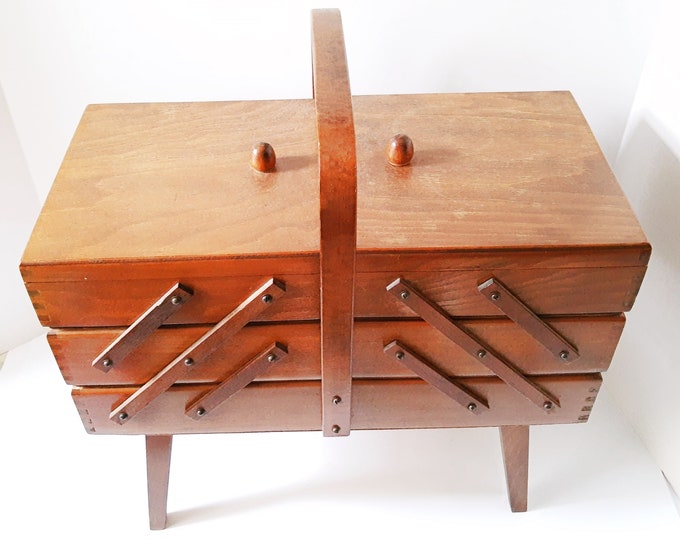 Wooden Sewing Box Expanded Accordion Vintage Sew Basket Made Etsy