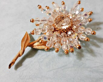 Vintage Austrian Crystal Flower Pin Brooch with Aurora Borealis Colors, Gold Tone Setting, bead petals, faceted center crystal stone