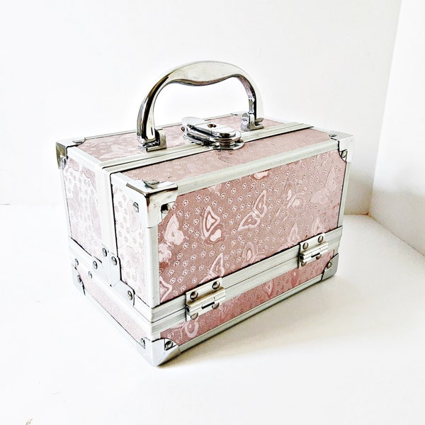 Pink Train Case, aluminum makeup box, butterfly pattern, travel cosmetic case, small size box purse, hobby carry case, silver jewelry vanity