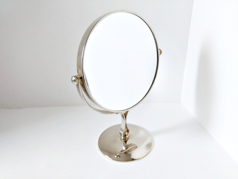 Danielle Vanity Stand Makeup Shaving Mirror Tilt Silver Metal Self Standing Two Sided Magnified Tall Chrome Vintage Heavy Base
