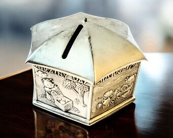 Royal Selangor Teddy Bears Picnic Pewter Coin Box Money Jar, Hexagon Shape, Saving for a Rainy Day Umbrella Dome, Picnic Scenes around side