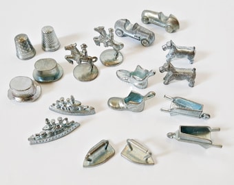 Monopoly Game Pieces Eighteen Pewter Metal Charms, Jewelry Making Crafting Supplies, scottie dog, hat, race car boot thimble 2 of each token