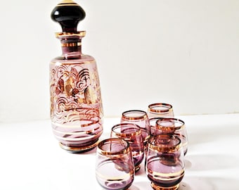 Vintage MCM Decanter Set, Butterfly Gods Cupids in Chariots, gold gilded Mid Century, 6 matching Cordial glasses, Liqueur Set shot glasses