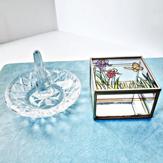 Vintage crystal glass Ring Holder Dish, Brass and… - image 1