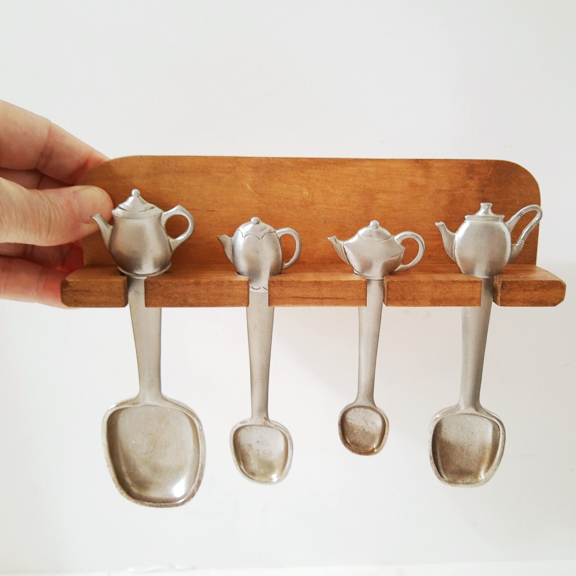 Seagull Pewter measuring spoons teapot handles wood wall Etsy