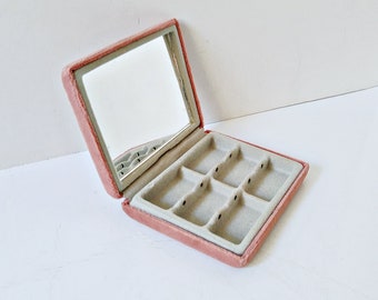 Travel jewelry box, folding jewel case with mirror earring slots, pink and gray,  Mele travel clutch, pocket compact, valet tray