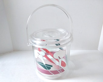 Party Ice Bucket Tropical Pink Floral Design clear see through with liner and lid Lucite Acrylic Ice Box Caddy, wedding anniversary