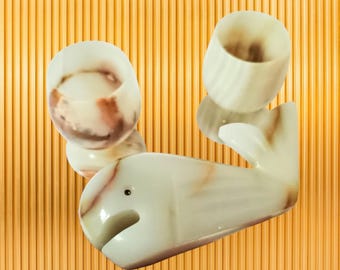 Goblet Set of 2 Natural Marble Onyx handcrafted natural stone Wine Glasses, polished stone fish figure, shades of brown orange and cream