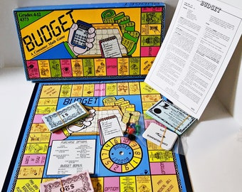 Budget Board Game, by Creative Teaching, Consumer Math Game, Grades 4 to 12, Complete from 1983, real life economics, savings stock shares