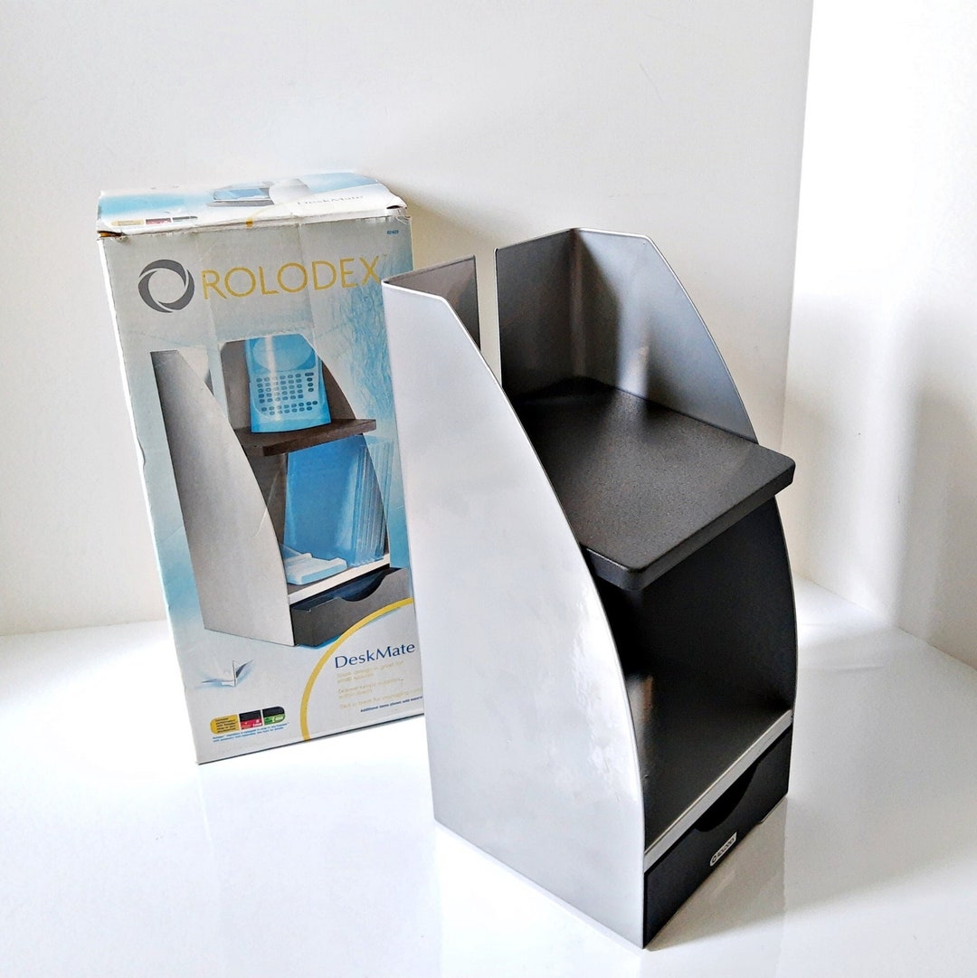 Rolodex Desk Mate, With Shelf and Drawer, Silver and Black Organizer
