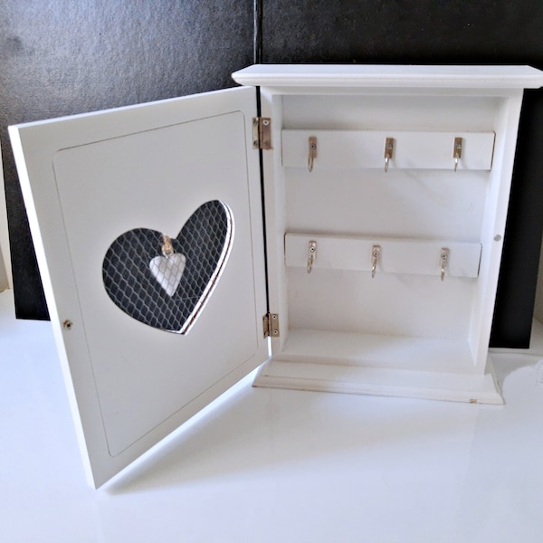 Wood key holder box, Hanging wall cabinet, Key box organizer, hallway vestibule space home office decor white heart shape window, wire mesh