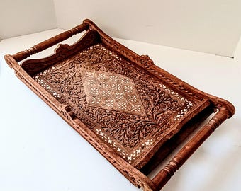 Wood Sleigh Shape Hand Carved Serving Tray with Floral Bone Inlay, Handles