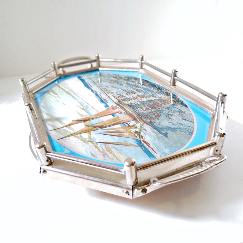 Metal Serving Tray picture under glass octagon boat scene Etsy