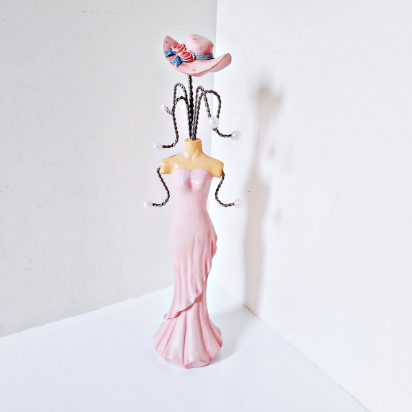 Pink Necklace Display, Evening dress lady, jewelry tree stand, 10 inch tall Mannequin, Necklace Organizer, doll rack, hat flower white beads