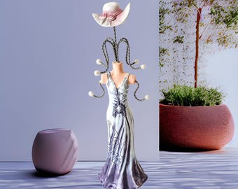 Evening dress Lady Necklace Display, jewelry tree stand, plum purple Gown, 10 inches tall, Mannequin doll rack, Organizer hat flowers jewels