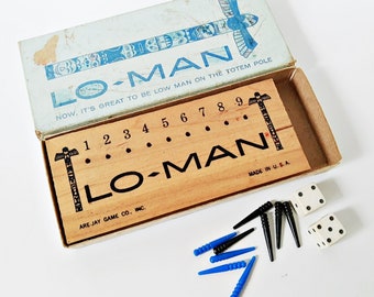 Vintage Lo Man Game, Totem Pole Peg Game, Original Box 1970s, Wood Board with dice and plastic pegs, travel, family entertainment