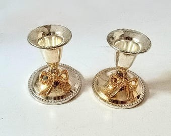 Vintage  Silver Plated Candle Holder Pair Gold Color Bow Accents, Small Set Mid Century French Style