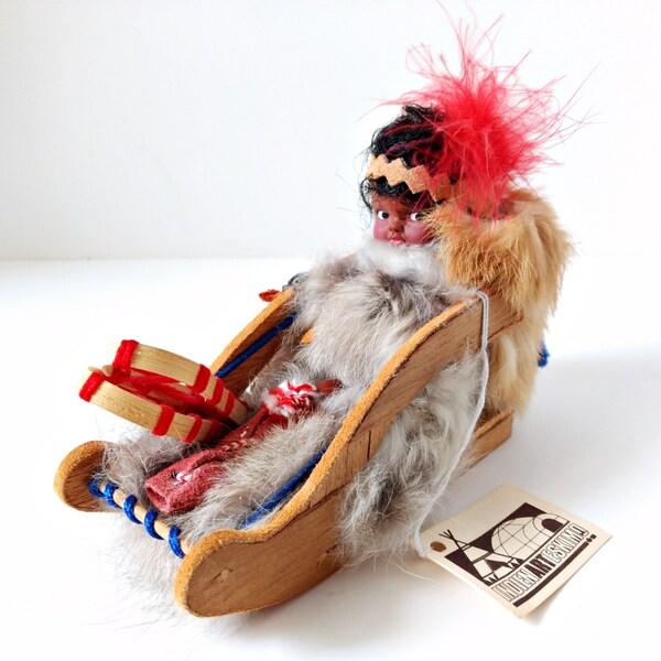 Indian Art Doll Eskimo with baby wood snow shoes sled, leather fur feathers, papoose baby made in Canada style 2207 Indien Art