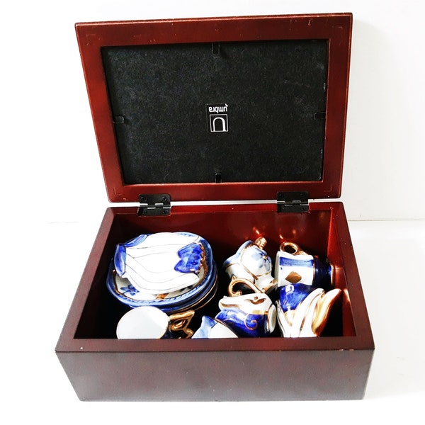 Duca Di Bavaria, Blue Collection, 11 piece espresso dollhouse mini cups and saucers, Italian Porcelain miniature coffee set, each different