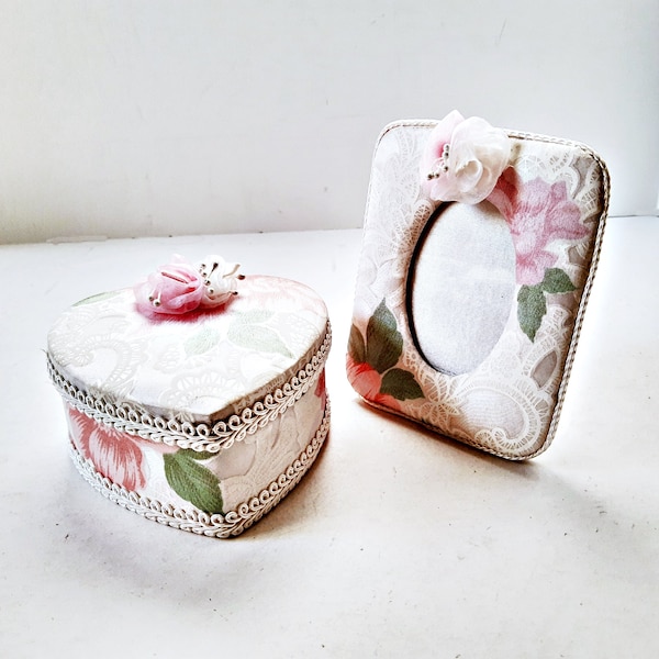 Victorias Secret Box and photo frame, Vintage Heart Shaped Jewelry Case Trinket Box Floral Fabric Ribbon Flowers, Keepsake Engagement Box