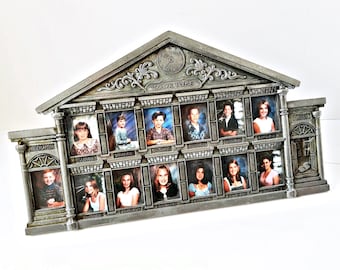 School house Photos, Heavy Picture Frame, Silver Metal photo frame holds 13 school photos, kindergarten to grade 12,  easel or wall mounted