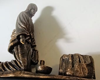 Timothy Schmatz Sculpture He Comes to Serve Christian Religious Bronze Color Sculpture, Stone Miniature Replica signed  Modern 8  inches