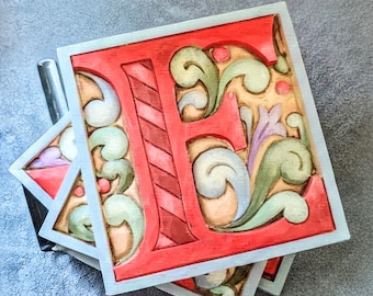 Jim Shore Heartwood Creek Monogram Letter Block Tile, featuring Letters E, X, I, T, Folk Art Patterns,  detailed sculptures