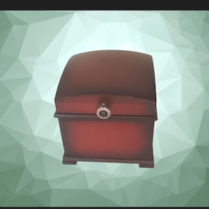 May include: A small, rectangular wooden box with a dark reddish-brown finish and a curved lid. The front of the box features a single circular knob centred on the lid edge, decorated with a ring of small, clear, reflective stones.