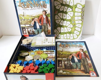 Cornwall Board Game, Schmidt Germany, tile laying game by Schmidauer-Konig, wood playing pieces, cottages, pub, coins, strategy region claim