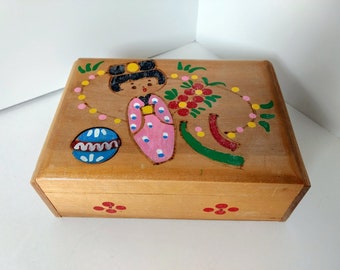 Wood Jewelry Box, Dresser Chest, mirror top, tole painted trinket box, babushka girl flowers dresser keepsake box letter box pictures
