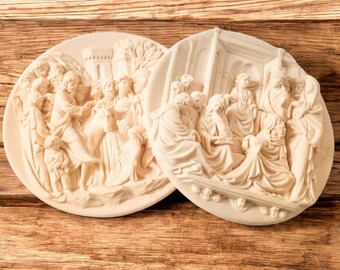 Studio Dante Di Volteradici Alabaster Plates, Christ's Entry into Jerusalem & Christ Among the Doctors, Florence Italy, signed A Santangela