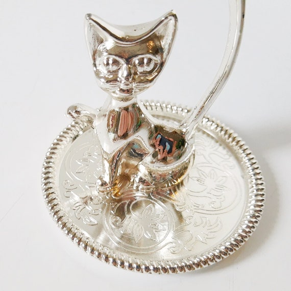 Silver Cat Dish, Kitten Ring Holder, Long Tail Ri… - image 1