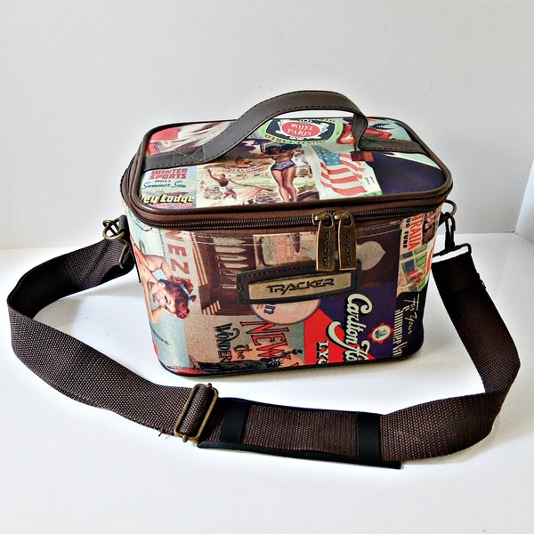 Vintage handbag, travel carry purse, Paris print bag, zippered tote bag, brown shoulder strap, ladies swimsuit design makeup cosmetic canvas