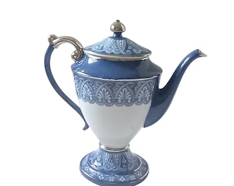 Vintage Coffee or Teapot from Bombay Company Deep Cobalt blue and white Atabesque Tile Pattern 11.5 Inches tall, platinum trim oval design