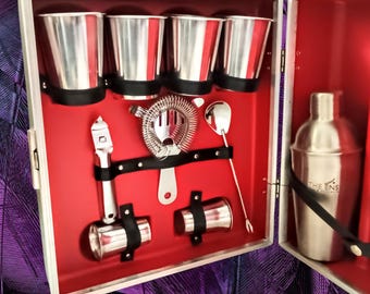 Vintage Portable Travel Bar w Tools Cocktail Shaker, strainer, long spoon with garnish pick, bottle opener, cups, shot glasses, fathers gift