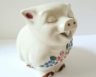 Shawnee Pottery Smiley Pig Pitcher Ohio USA 1960s Contemporary Decor, 8 inches tall, closed eyes and cheerful expression Colorful Flowers