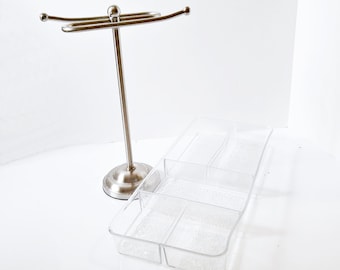 Metal Towel Holder, hand towel rack, brushed silver, vanity guest towel, necklace jewelry bar, also vanity tray, acrylic pebbled bathroom