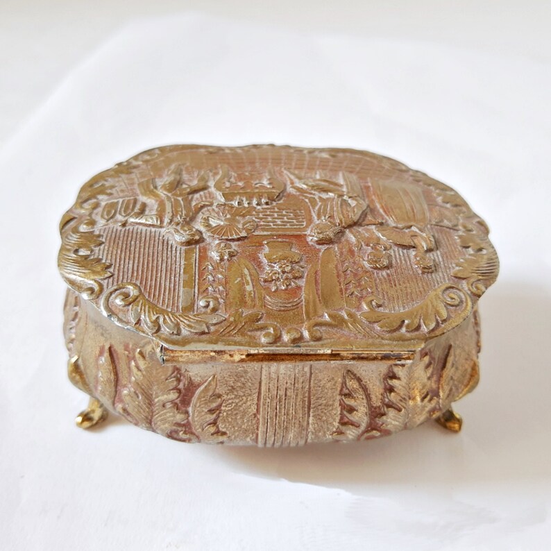 Vintage Jewelry Casket Dresser Trinket Box Metal Footed Hinged Lid Red Lining repousse parlor scene Games Room Chess Victorian dresser decor image 5