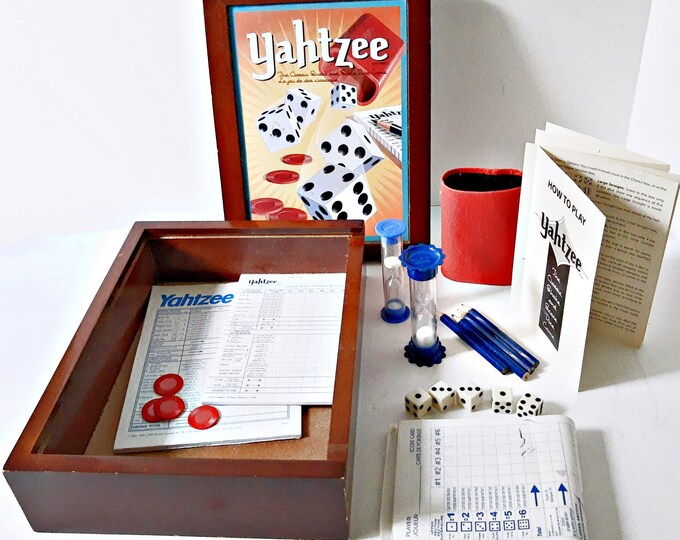 Yahtzee Wood Box, Parker Bros Dice Game, Red Dice Cup, Score Pads, Pencils, Bonus Chips, 5 Dice
