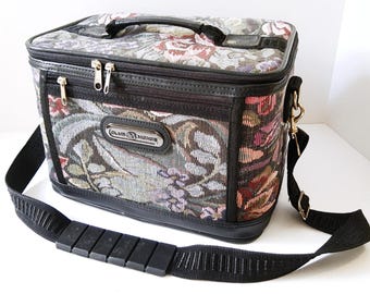 Vanity Train Case, floral tapestry travel makeup toiletry bag, Overnight zipper closure, mirror pouch, Shoulder Strap