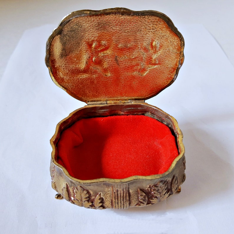 Vintage Jewelry Casket Dresser Trinket Box Metal Footed Hinged Lid Red Lining repousse parlor scene Games Room Chess Victorian dresser decor image 6