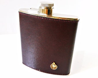 AHS Germany Flask, tin lined 6 oz curved to fit in pocket or purse, Real Leather Wrapped, osterich emblem, Vintage travel cocktail barware