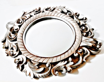Wall Hanging Mirror, Heavy Plaster Framed, Vintage Round Mirror, 16 by 15 inches with Ornate Rococo style scroll, Accent Hall Vanity Mirror