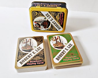 Riverboat Playing Cards, two Decks 55 cards each, Robert E Lee, Hindged Storage Tin, 1980s vintage cards, 1 deck still sealed, large print,