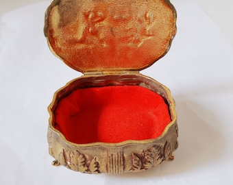 Vintage Jewelry Casket Dresser Trinket Box Metal Footed Hinged Lid Red Lining repousse parlor scene Games Room Chess Victorian dresser decor