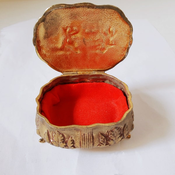 Vintage Jewelry Casket Dresser Trinket Box Metal Footed Hinged Lid Red Lining repousse parlor scene Games Room Chess Victorian dresser decor