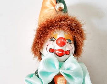 Vintage 1980s Clown Doll, Ceramic Face, Plush Body
