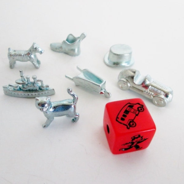 Monopoly Game Pieces, Cat Token, Red Speed Die, Pewter Metal Charms, Jewelry Making Crafting Supplies, scottie dog hat boat race car boot